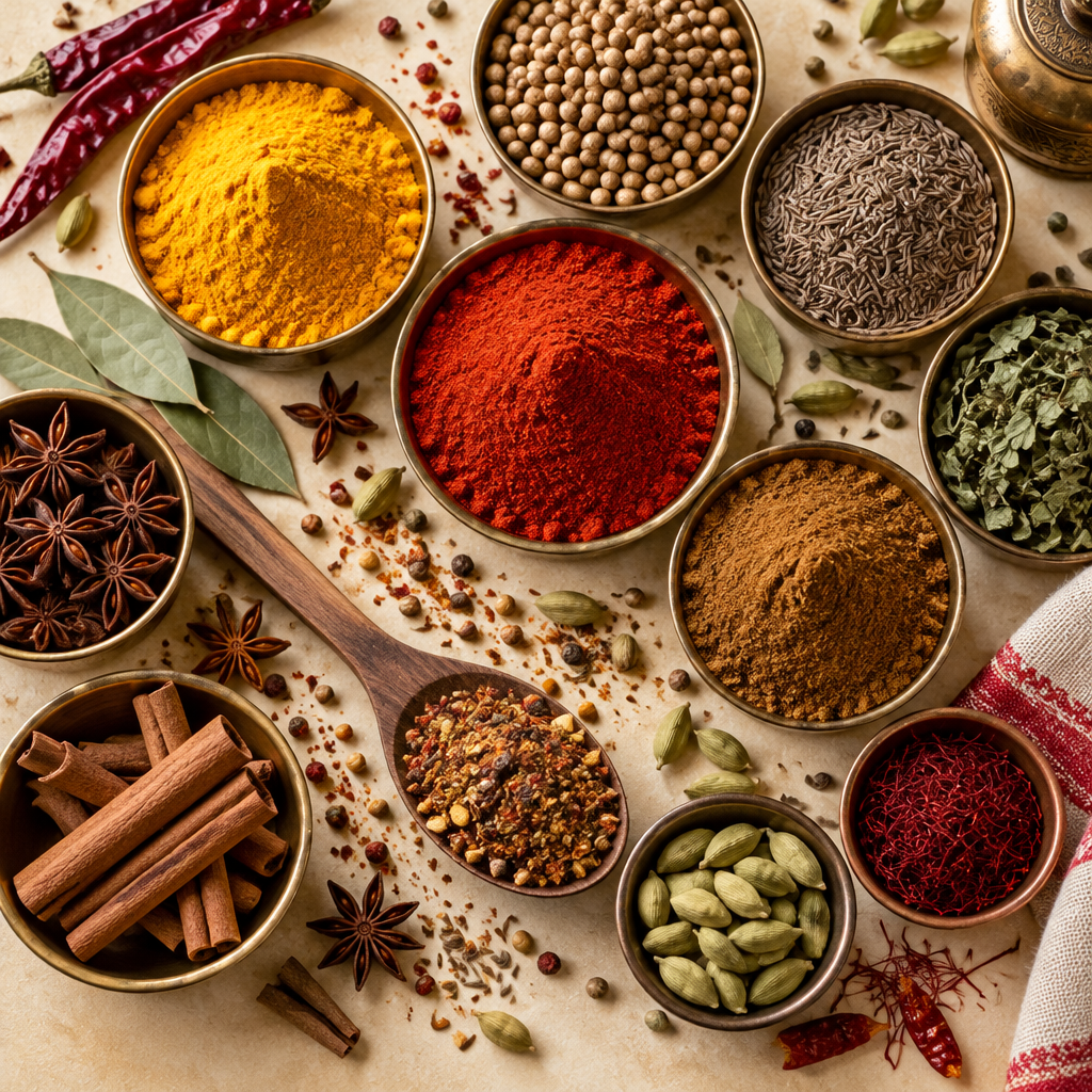 Indian spices in brass bowls